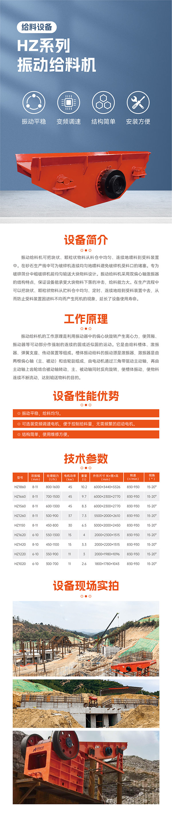 振動平穩，給料均勻。 可選裝變頻調速電機，便于控制；給料量，無需頻繁的啟動電機。  結構簡單，使用維修方便。 最大標準型號HZ1860振動給料機標配45KW電機 雙振幅 8-11mm  重量10.2噸，轉速830-930R/min  安裝傾角 15-20度， 處理量可達800-1600噸  適合大型生產線礦山項目使用一般使用在時產1000-2000噸，此系列振動給料機可根據具體客戶實際需要加大尺寸響應提升給料效率！